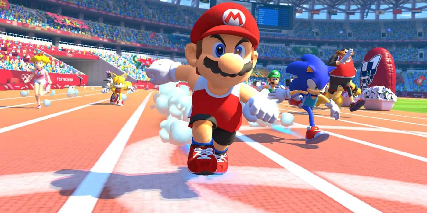 Mario leads a sprint on a bright stadium track, with Sonic and others chasing behind.