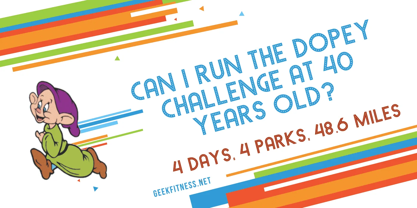Colorful graphic promoting the Dopey Challenge for runners, with a running cartoon and bold, slanted text.